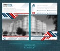 Two sided brochure or flayer template design with blurred color photo of buildings. Mock-up cover in blue and red abstarct vector